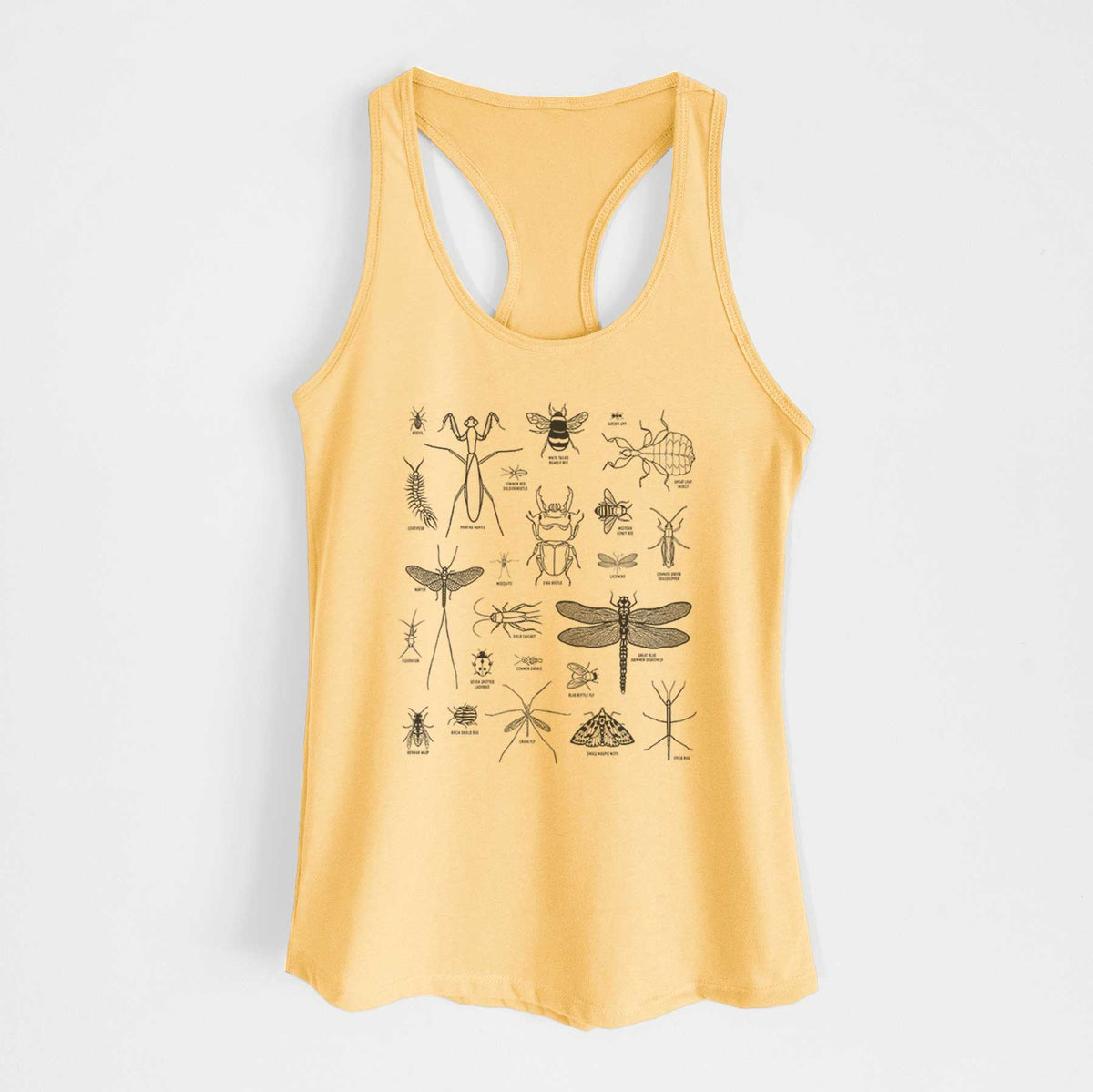 Banana cream women's racerback tank top laid flat, printed with a chart of black ink insect and arthropod illustrations, including dragonflies, beetles, spiders and bees.