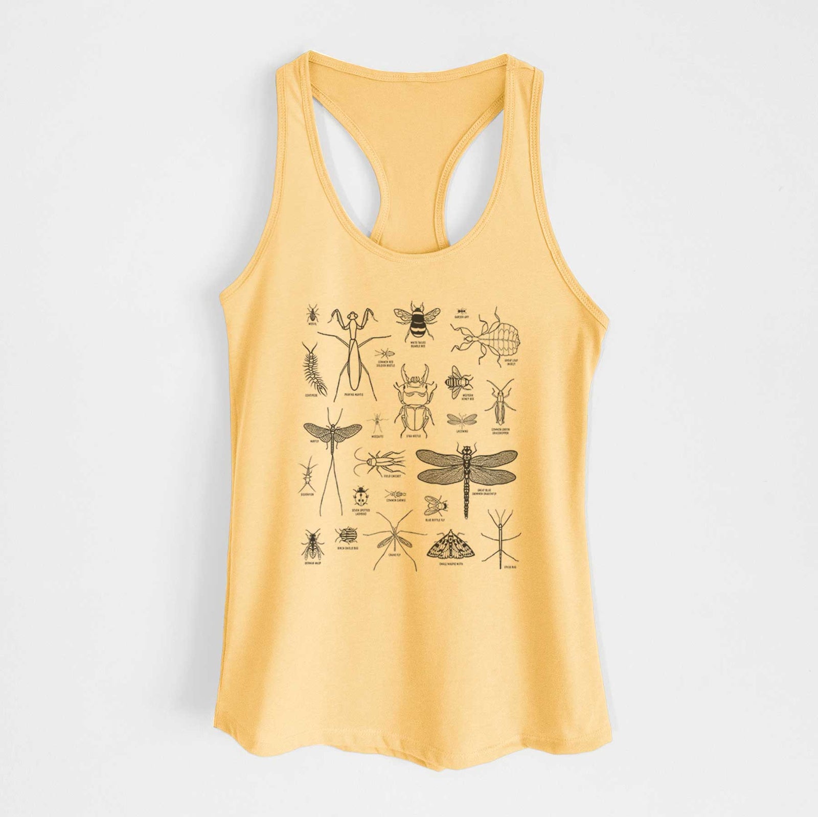 Banana cream women's racerback tank top laid flat, printed with a chart of black ink insect and arthropod illustrations, including dragonflies, beetles, spiders and bees.