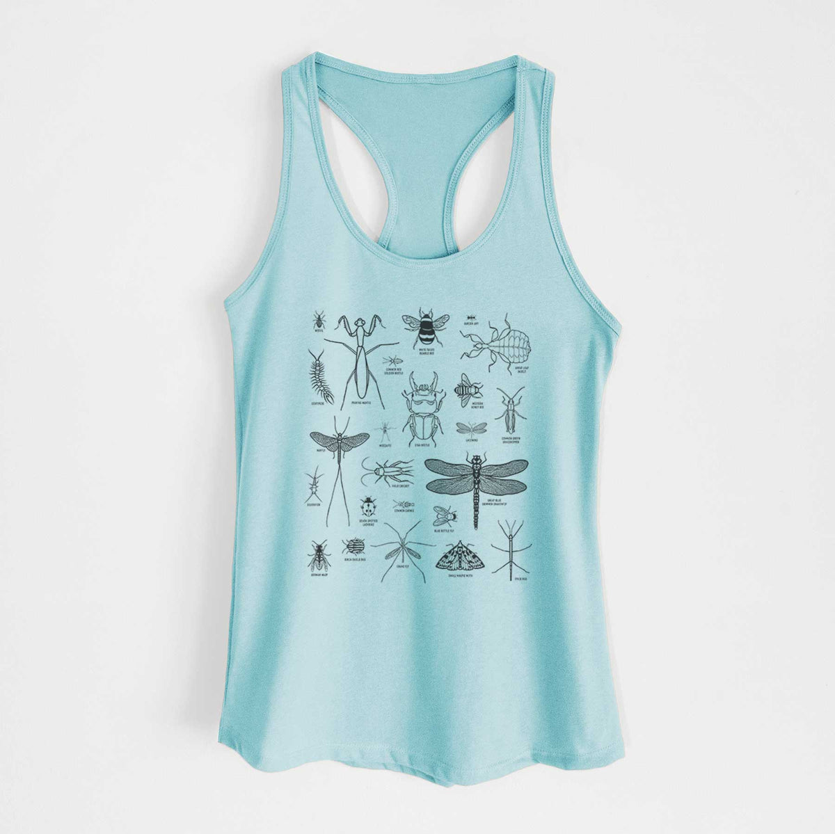Cancun blue women's racerback tank top laid flat, printed with a chart of black ink insect and arthropod illustrations, including dragonflies, beetles, spiders and bees.