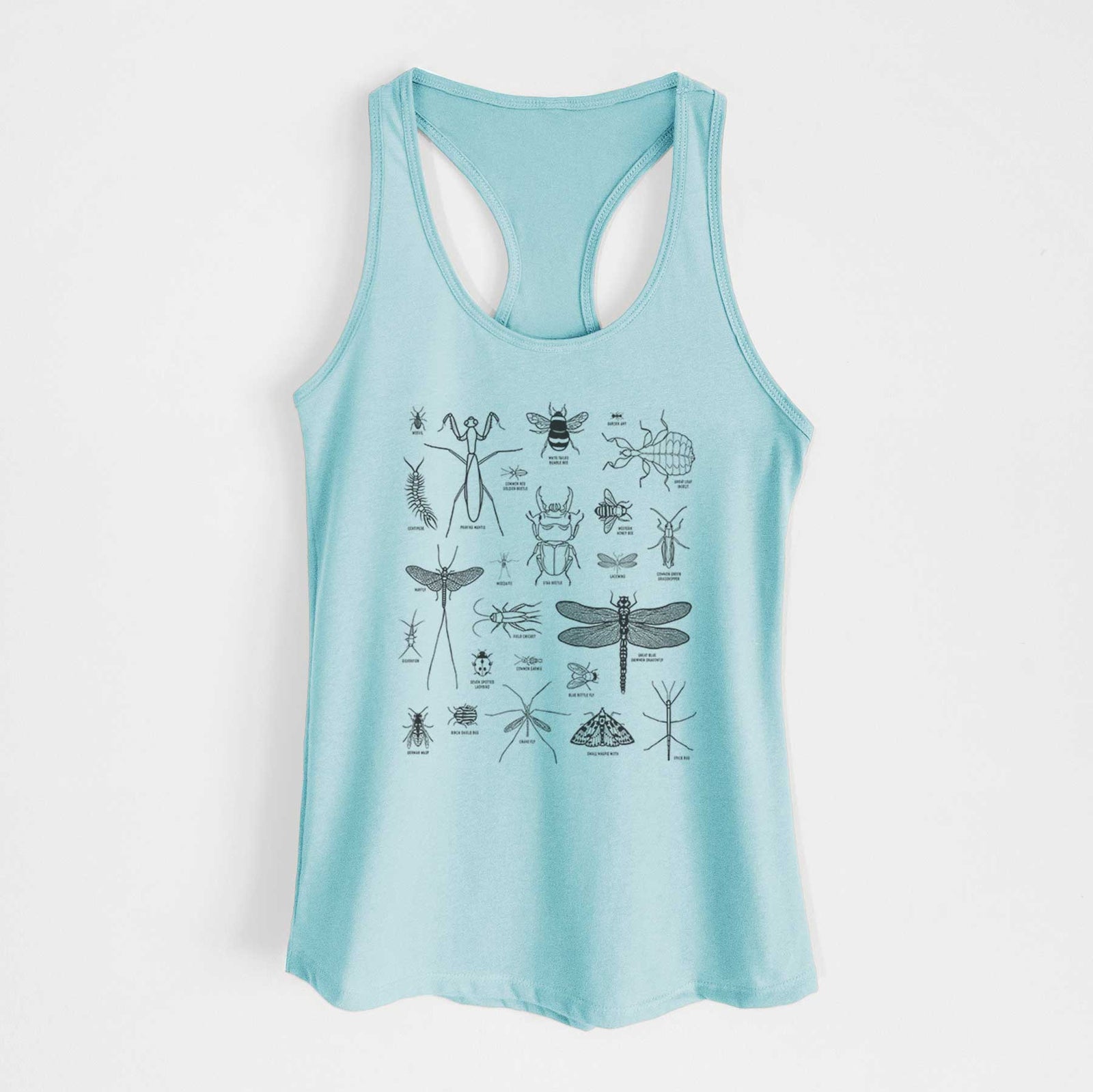 Banana cream women's racerback tank top laid flat, printed with a chart of black ink insect and arthropod illustrations, including dragonflies, beetles, spiders and bees.