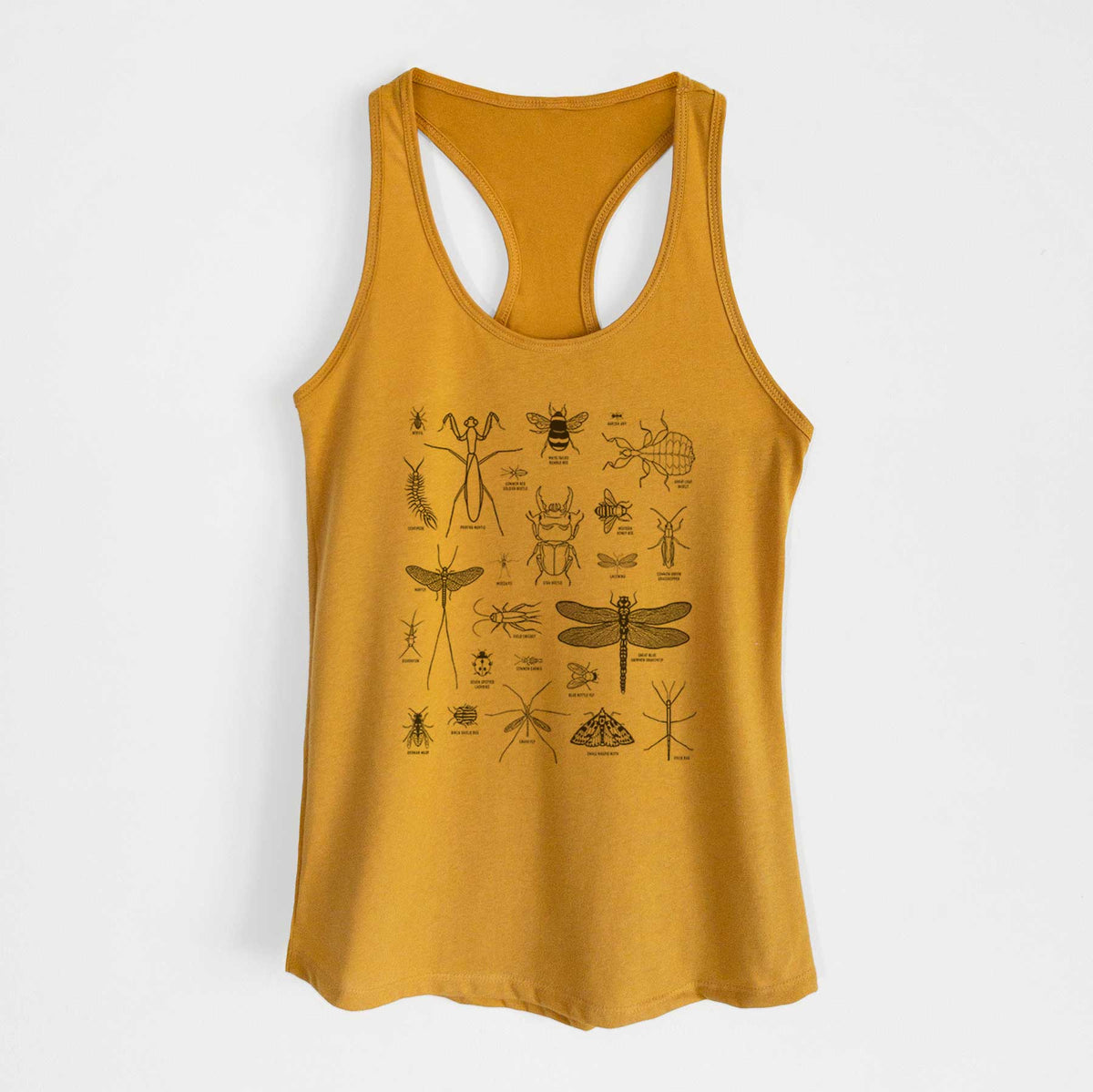Gold women's racerback tank top laid flat, printed with a chart of black ink insect and arthropod illustrations, including dragonflies, beetles, spiders and bees.