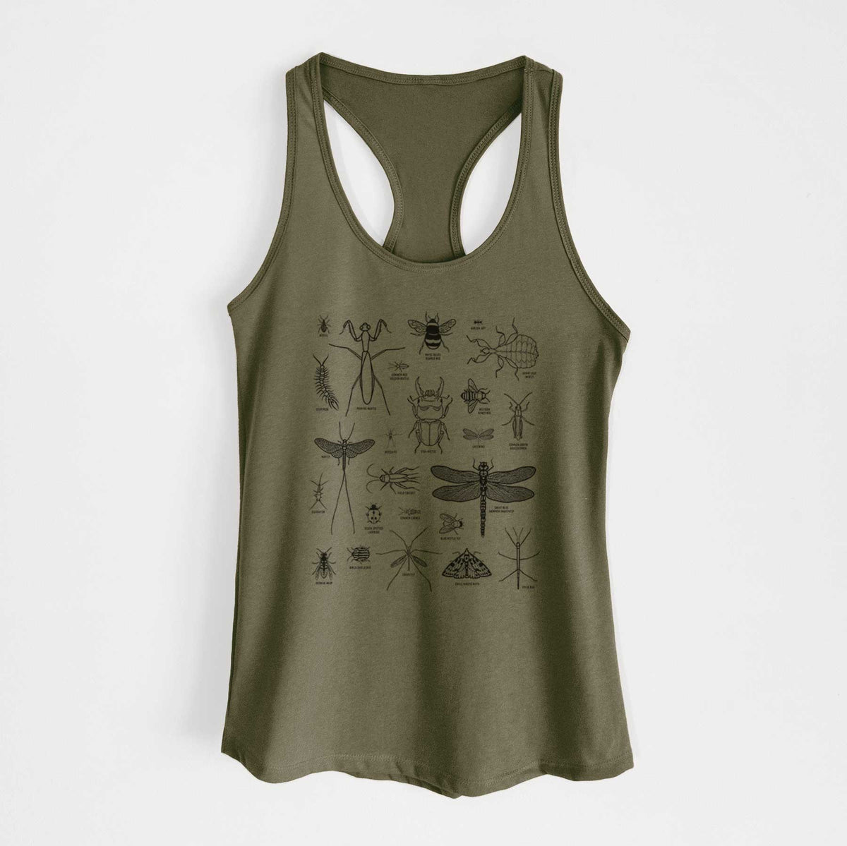 Military green women's racerback tank top laid flat, printed with a chart of black ink insect and arthropod illustrations, including dragonflies, beetles, spiders and bees.