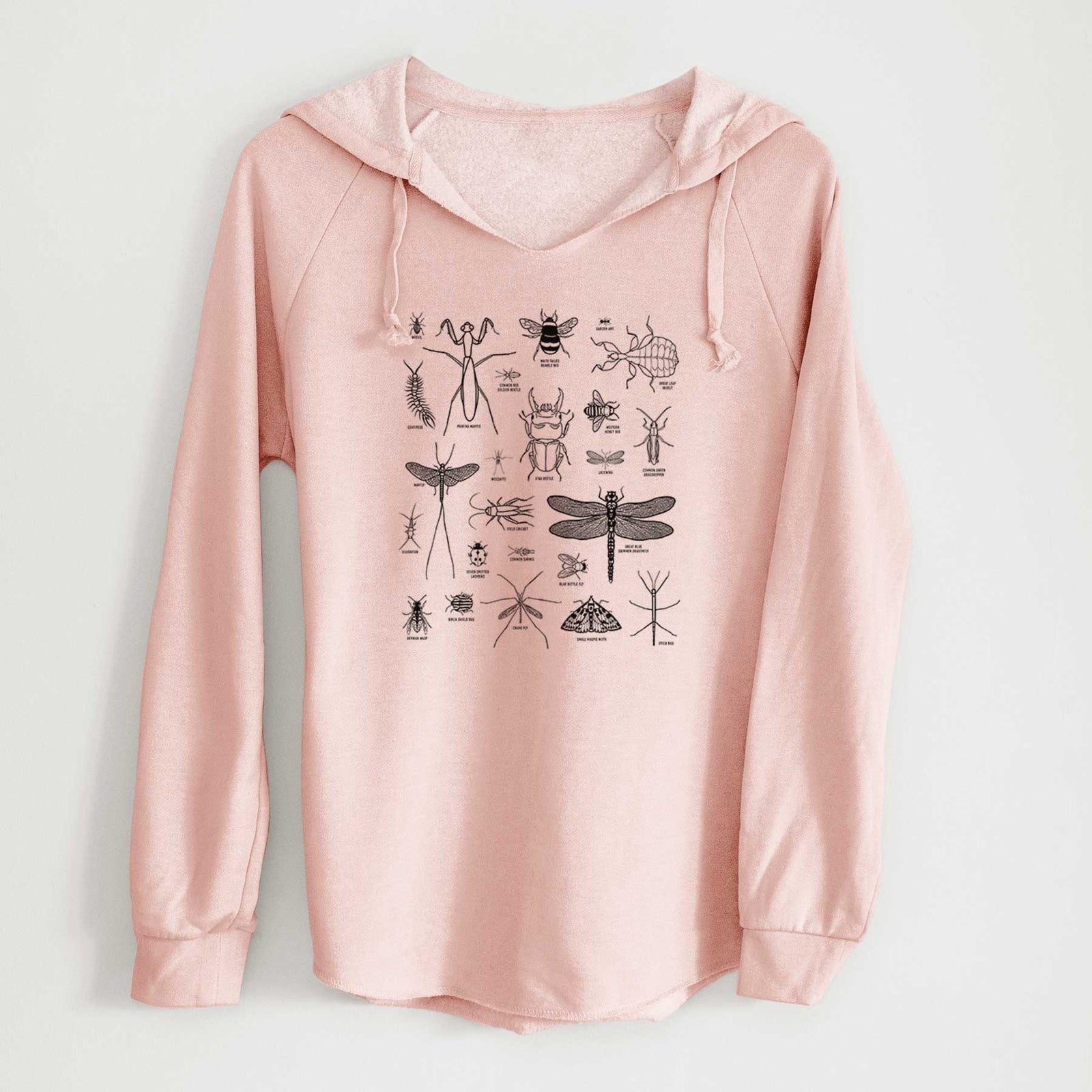 Sage green women's Cali Wave hooded sweatshirt laid flat, printed with a chart of black ink insect and arthropod illustrations, including dragonflies, beetles, spiders and bees.