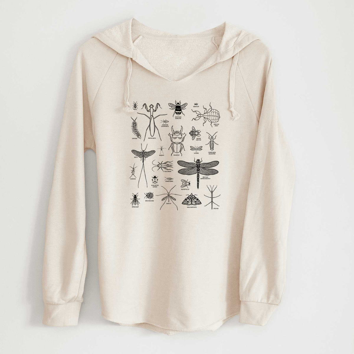 Bone cream women's Cali Wave hooded sweatshirt laid flat, printed with a chart of black ink insect and arthropod illustrations, including dragonflies, beetles, spiders and bees.