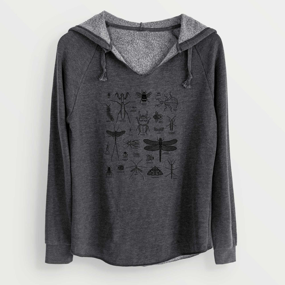 Charcoal grey women's Cali Wave hooded sweatshirt laid flat, printed with a chart of black ink insect and arthropod illustrations, including dragonflies, beetles, spiders and bees.