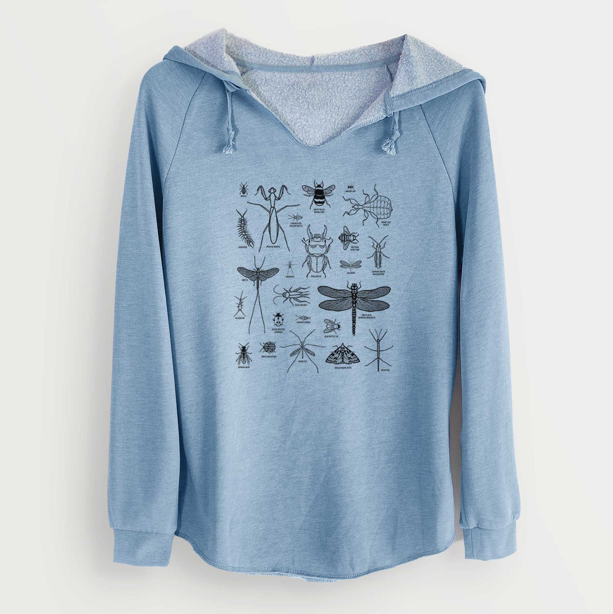 Misty blue women's Cali Wave hooded sweatshirt laid flat, printed with a chart of black ink insect and arthropod illustrations, including dragonflies, beetles, spiders and bees.