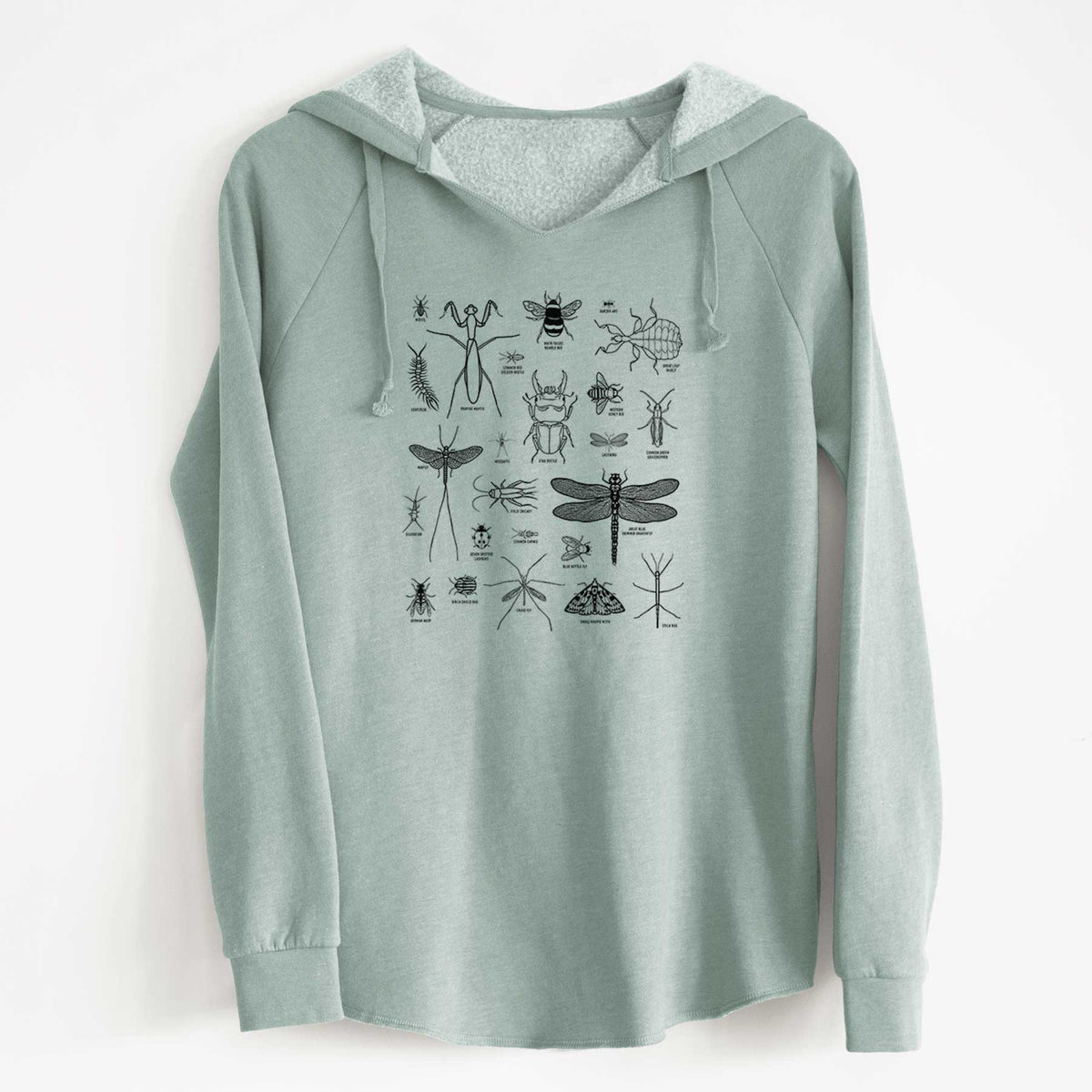 Sage green women's Cali Wave hooded sweatshirt laid flat, printed with a chart of black ink insect and arthropod illustrations, including dragonflies, beetles, spiders and bees.