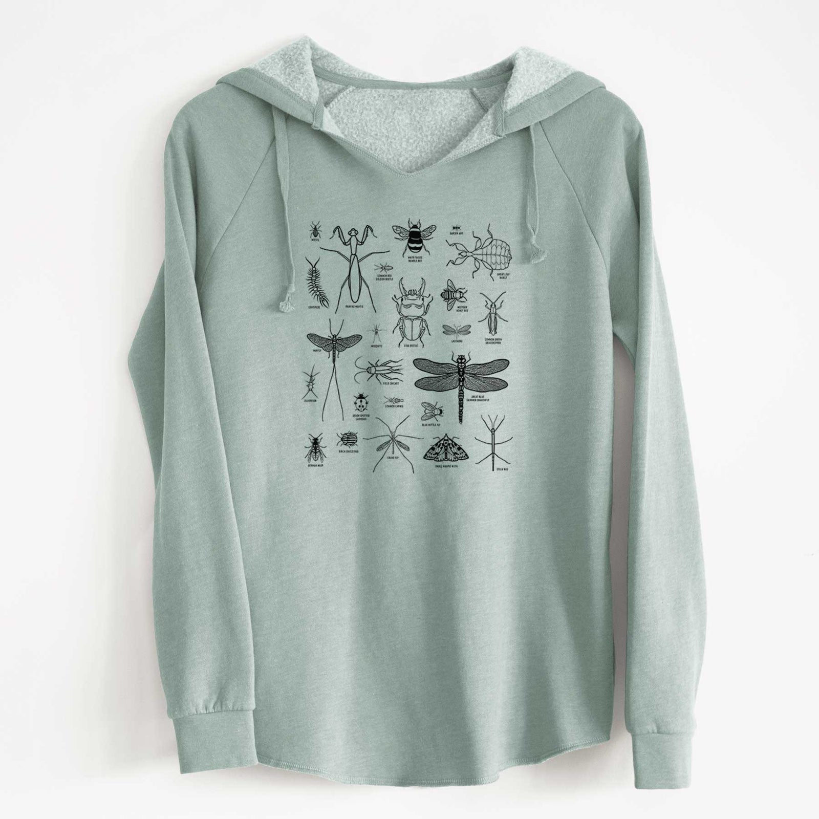 Sage green women's Cali Wave hooded sweatshirt laid flat, printed with a chart of black ink insect and arthropod illustrations, including dragonflies, beetles, spiders and bees.