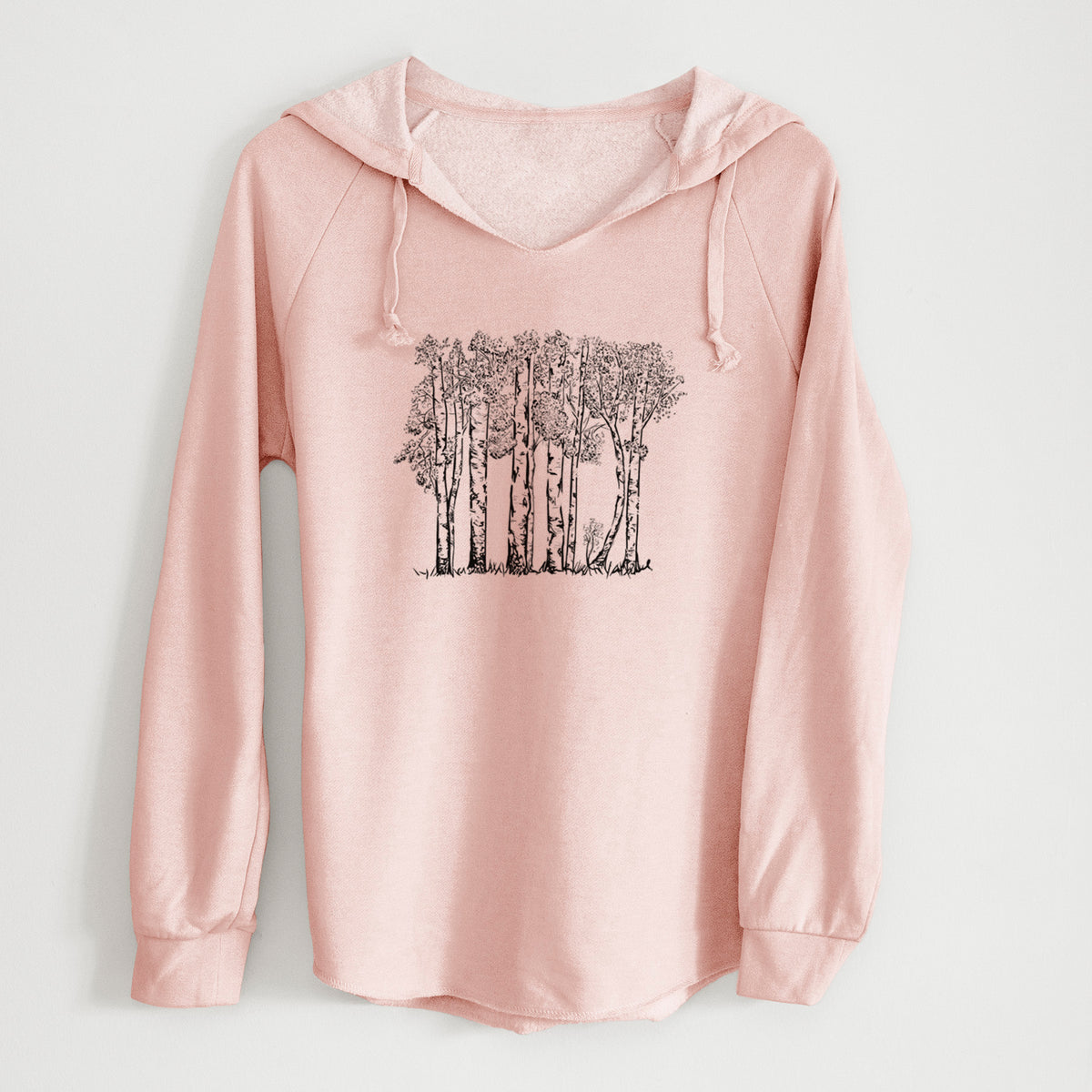 Blush pink women's Cali Wave hooded sweatshirt laid flat, printed with a black ink illustration of a grove of aspen trees.