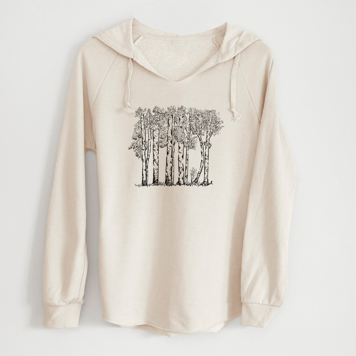 Bone cream women's Cali Wave hooded sweatshirt laid flat, printed with a black ink illustration of a grove of aspen trees.