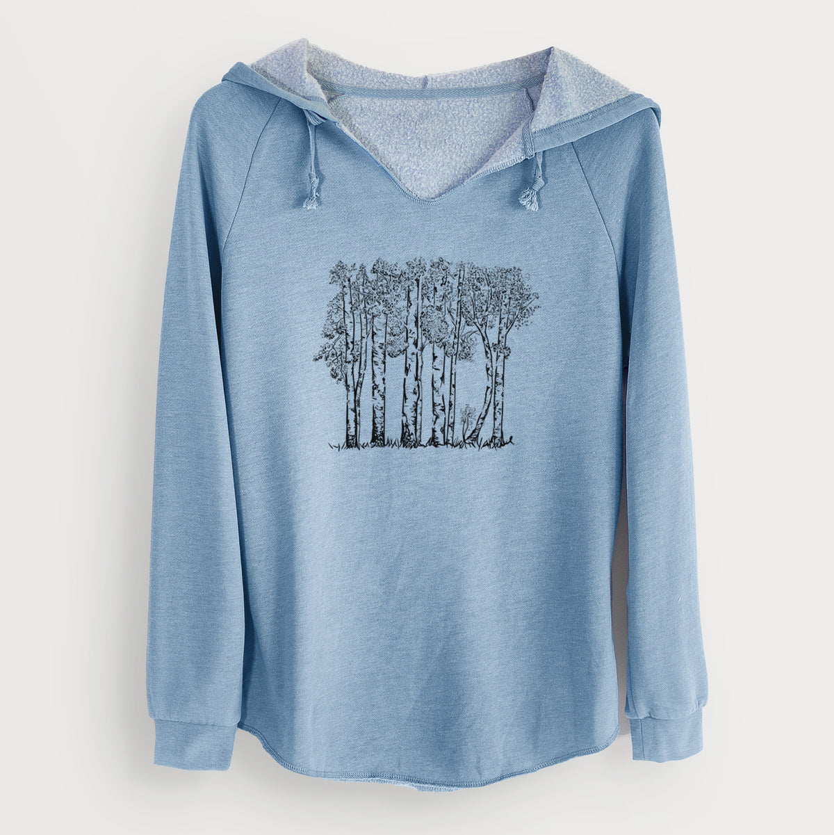 Misty blue women's Cali Wave hooded sweatshirt laid flat, printed with a black ink illustration of a grove of aspen trees.