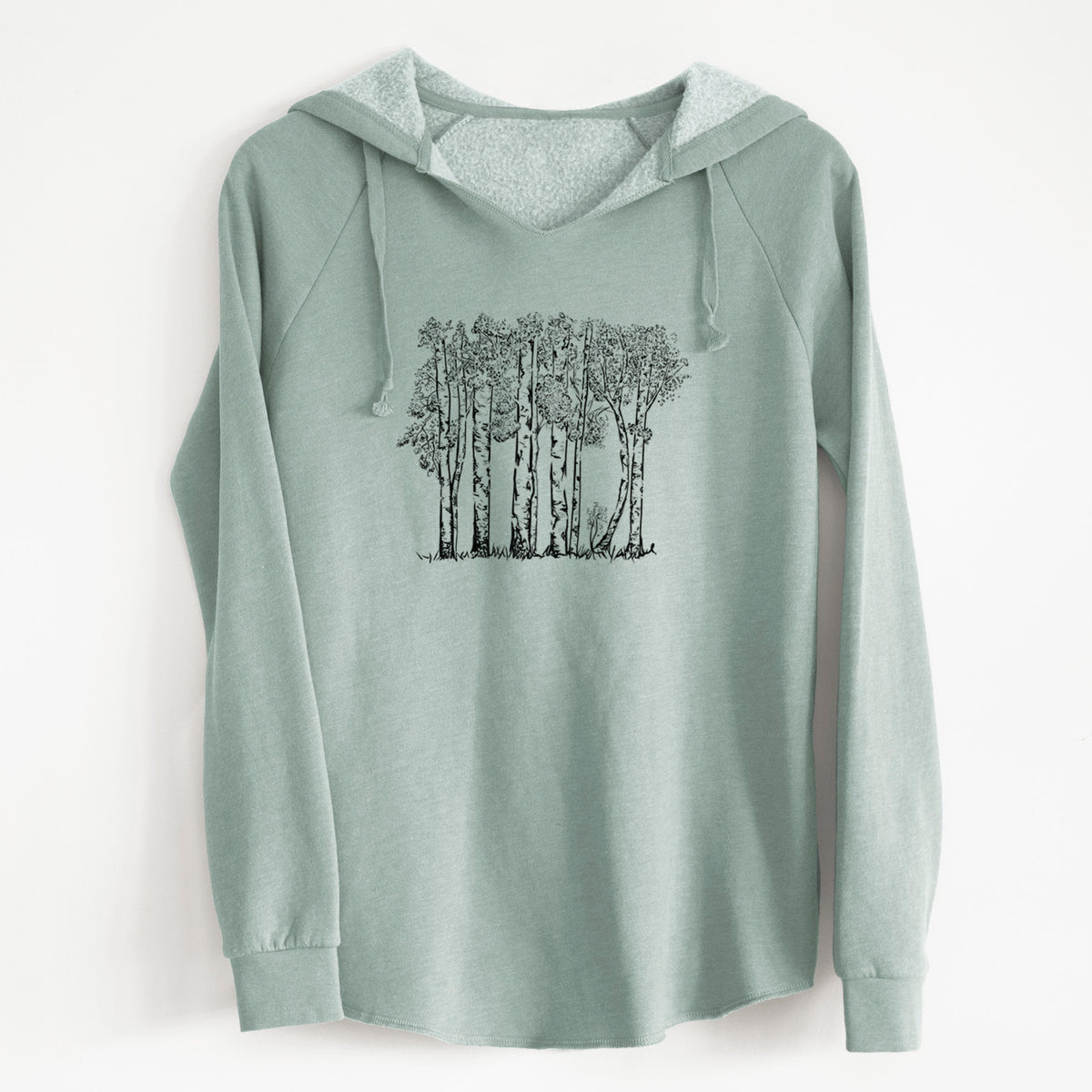 Sage green women's Cali Wave hooded sweatshirt laid flat, printed with a black ink illustration of a grove of aspen trees.