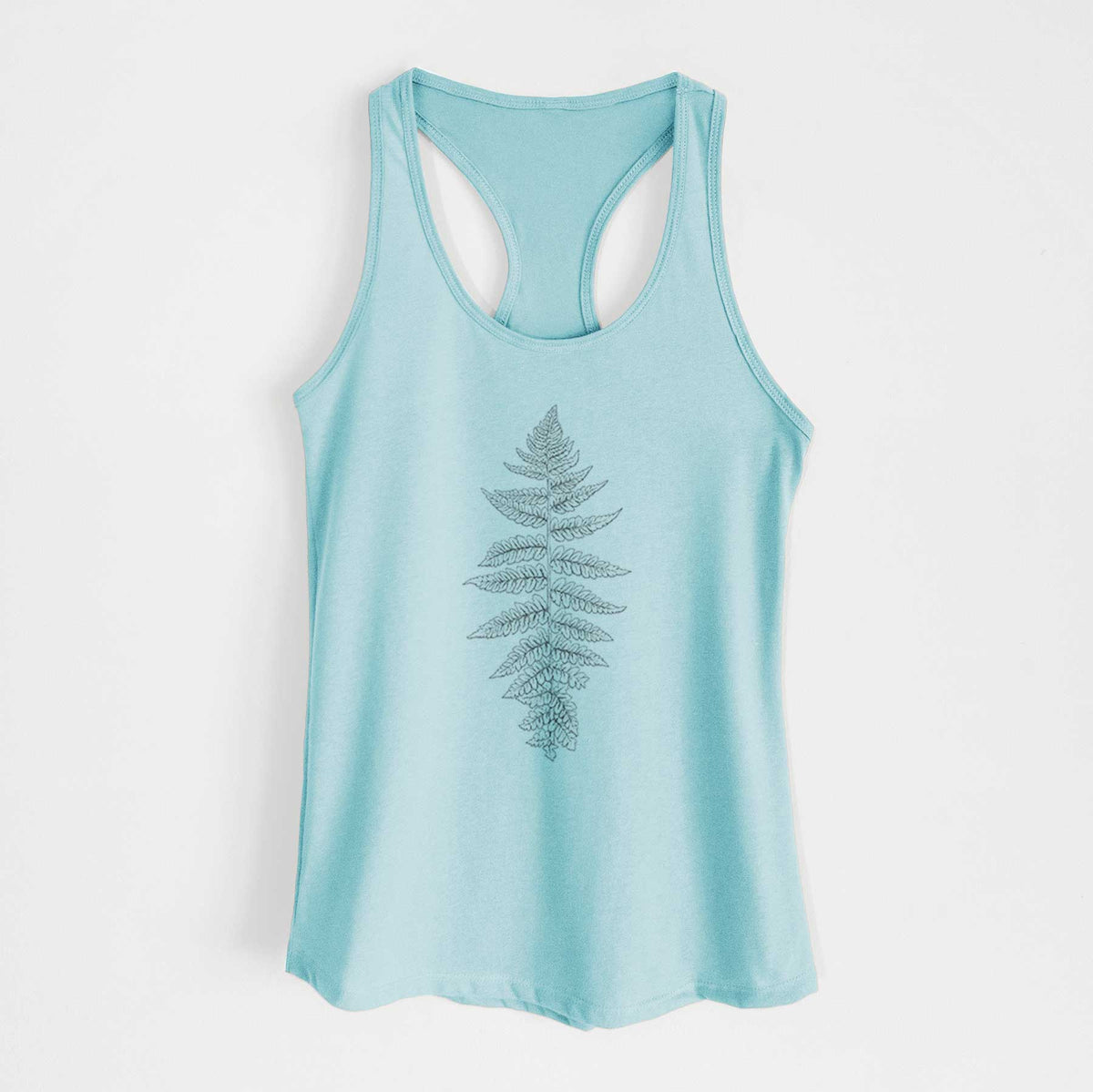 Cancun blue women's racerback tank top laid flat, printed with a black ink illustration of a lady fern frond.