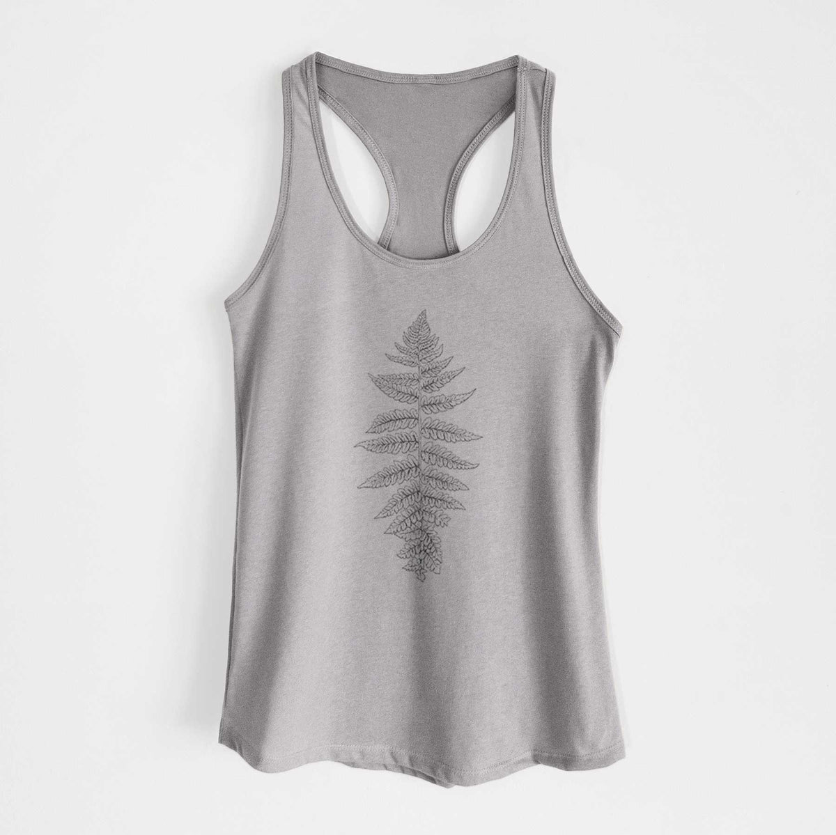 Heather grey women's racerback tank top laid flat, printed with a black ink illustration of a lady fern frond.