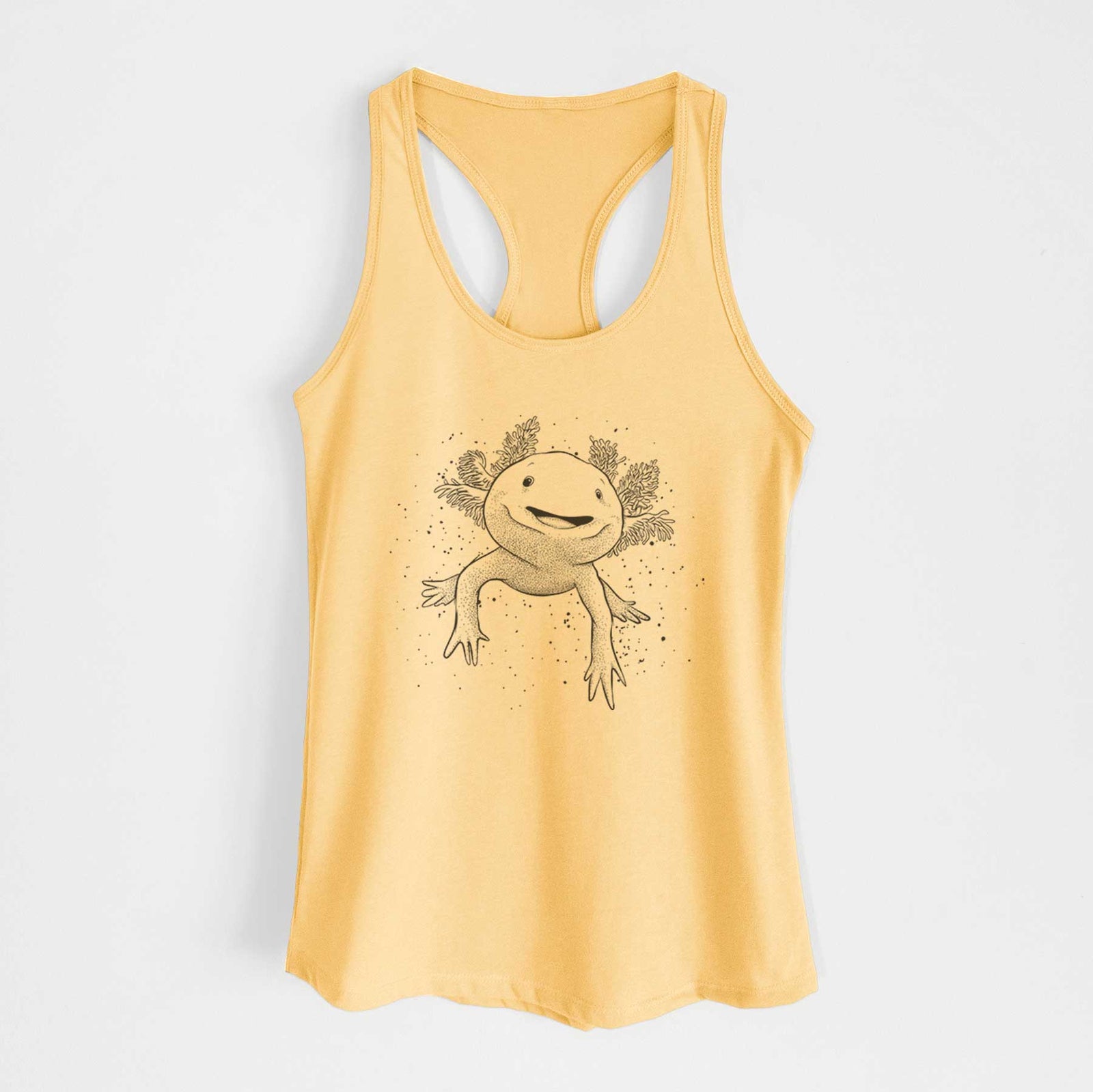 Banana cream women's racerback tank top laid flat, printed with a black ink illustration of a smiling axolotl with feathery gills.