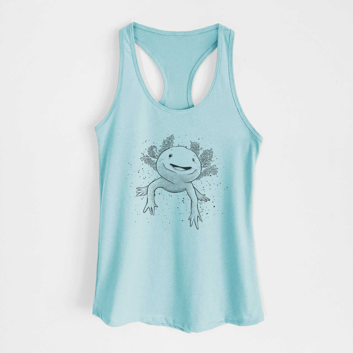 Cancun blue women's racerback tank top laid flat, printed with a black ink illustration of a smiling axolotl with feathery gills.