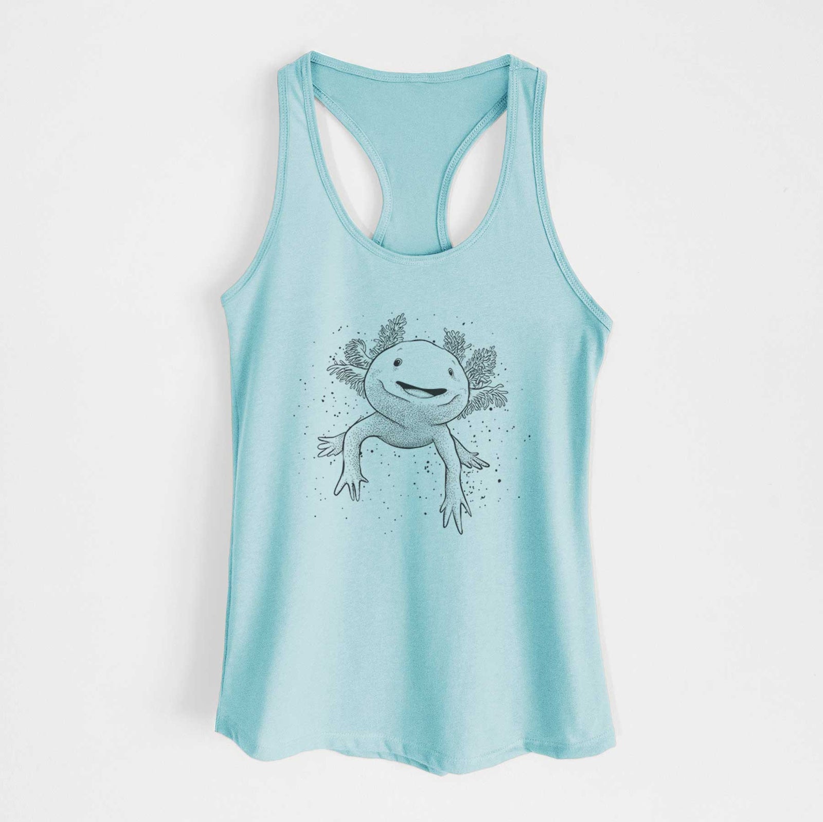 Banana cream women's racerback tank top laid flat, printed with a black ink illustration of a smiling axolotl with feathery gills.
