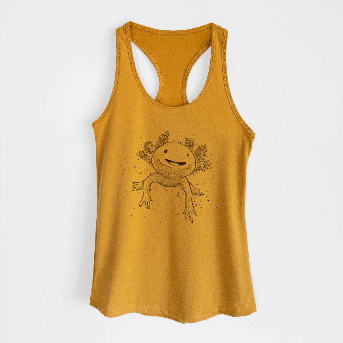 Gold women's racerback tank top laid flat, printed with a black ink illustration of a smiling axolotl with feathery gills.