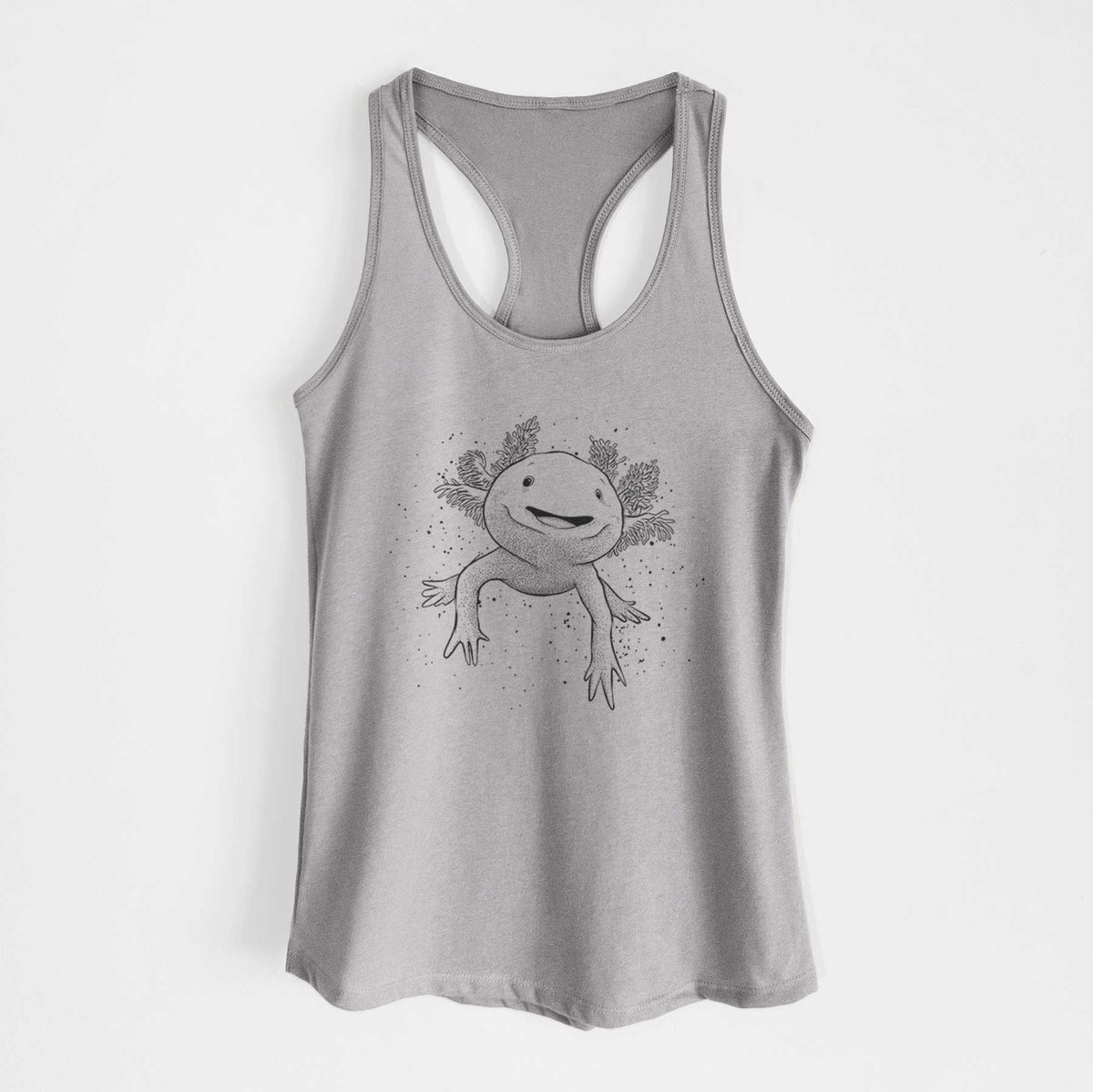 Heather grey women's racerback tank top laid flat, printed with a black ink illustration of a smiling axolotl with feathery gills.