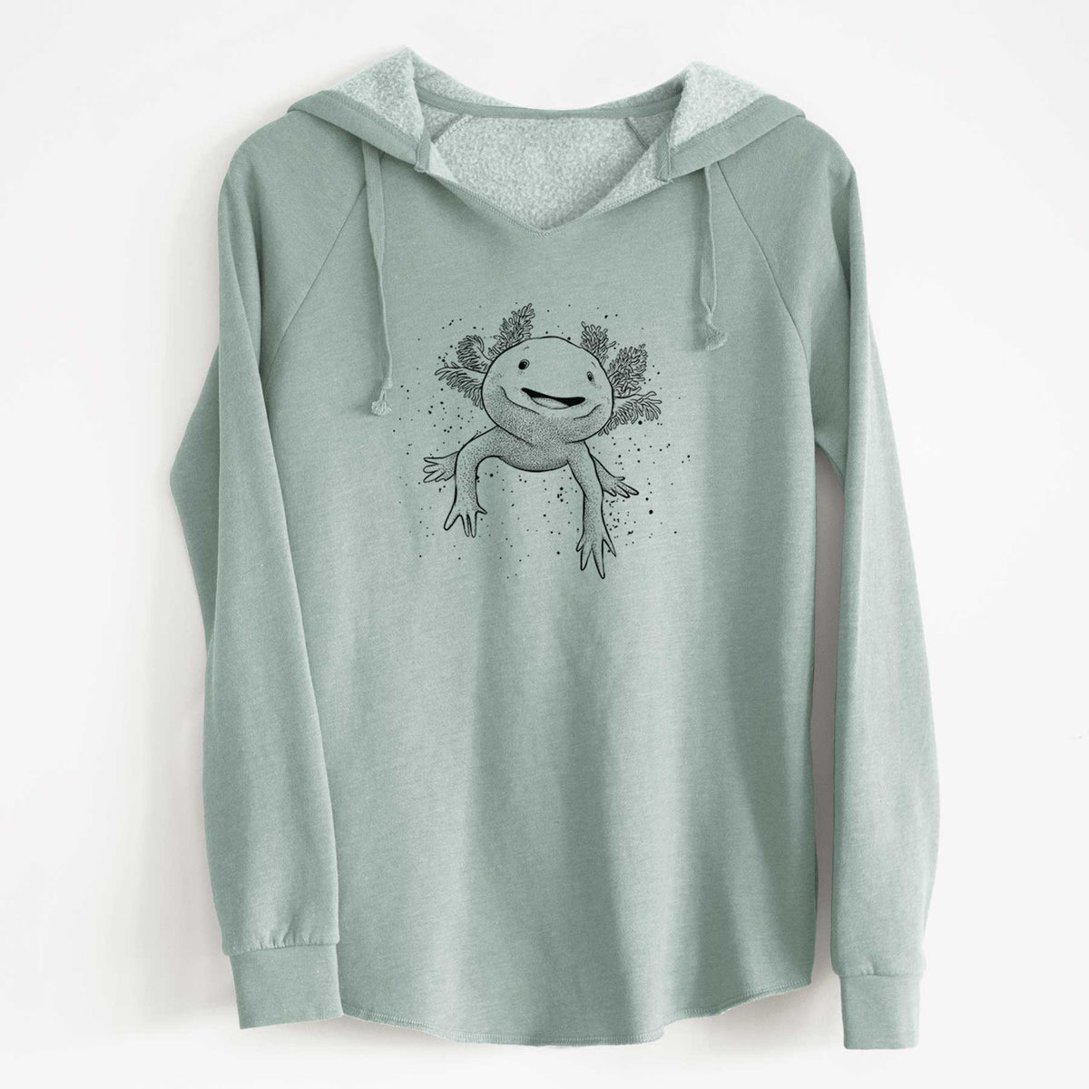Sage green women's Cali Wave hooded sweatshirt laid flat, printed with a black ink illustration of a smiling axolotl with feathery gills.