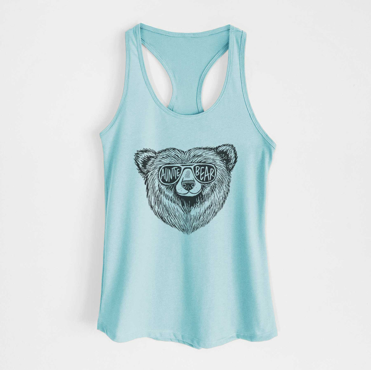 Cancun blue women's racerback tank top laid flat, printed with a black ink bear's face wearing sunglasses that read Auntie Bear.
