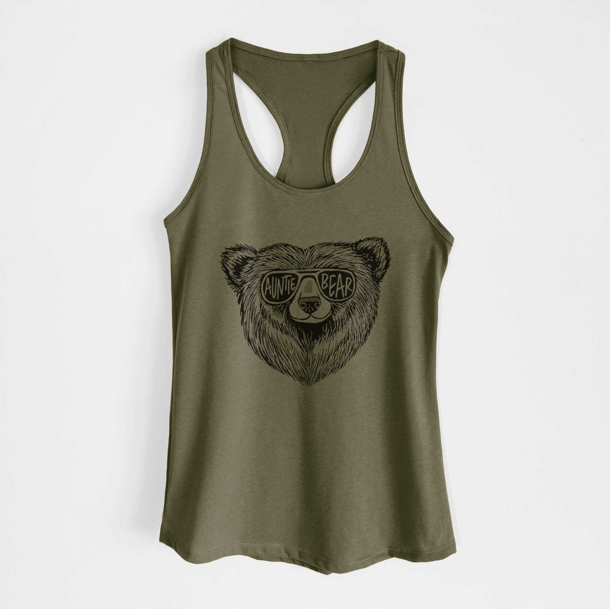 Military green women's racerback tank top laid flat, printed with a black ink bear's face wearing sunglasses that read Auntie Bear.