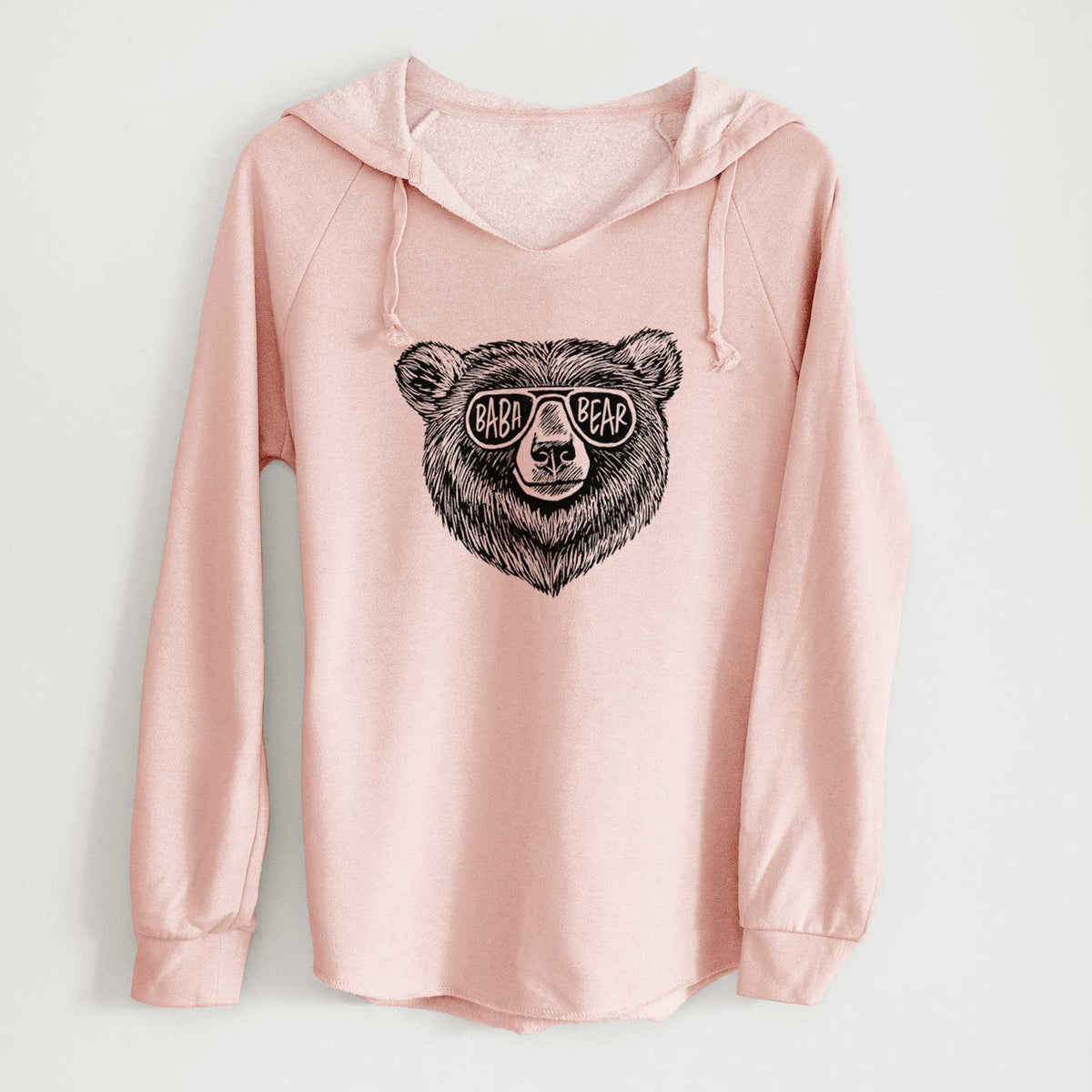 Blush pink women's Cali Wave hooded sweatshirt laid flat, printed with a black ink bear's face wearing sunglasses that read Baba Bear.