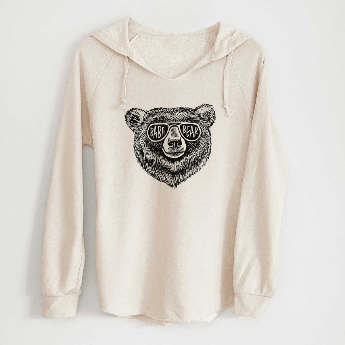 Bone cream women's Cali Wave hooded sweatshirt laid flat, printed with a black ink bear's face wearing sunglasses that read Baba Bear.