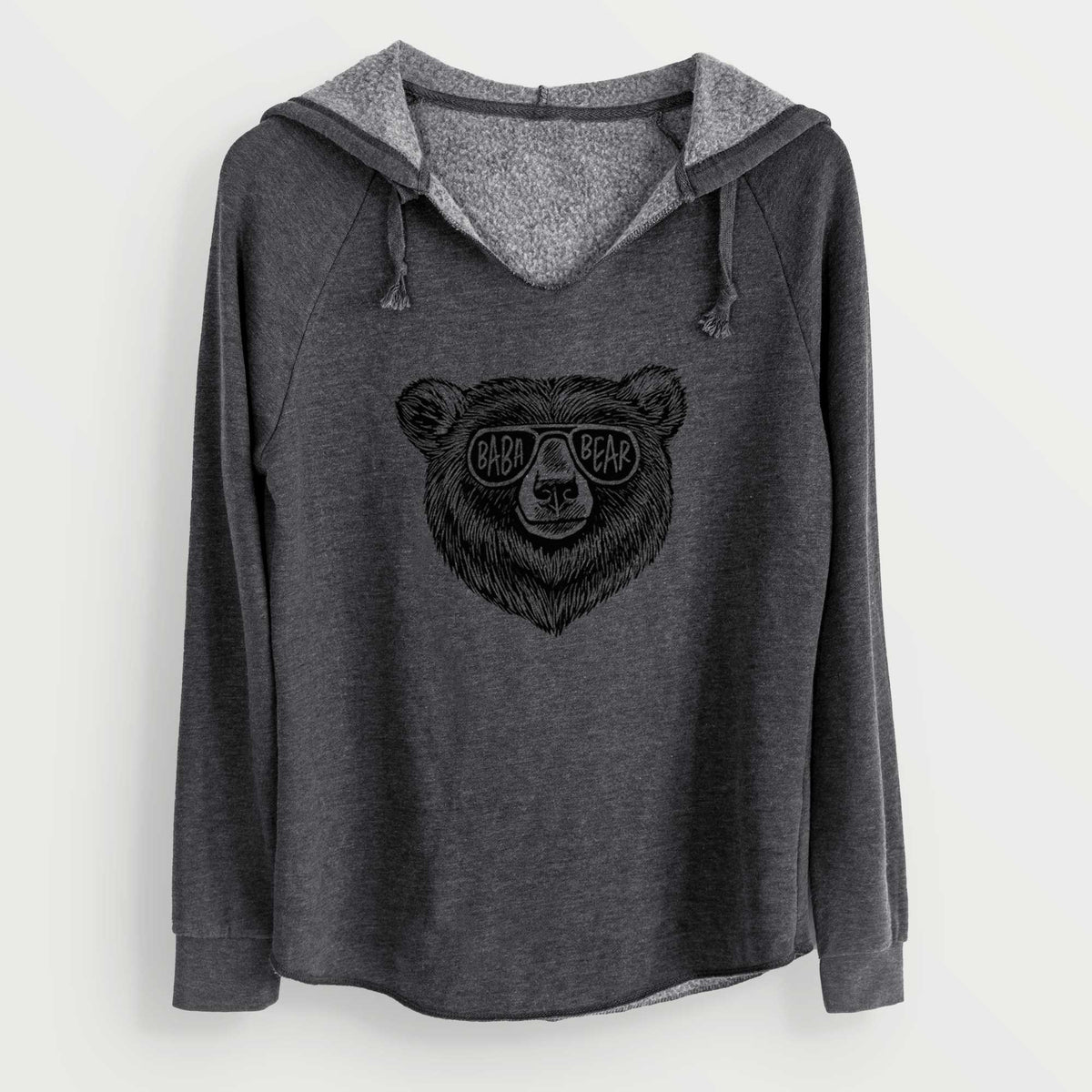 Charcoal grey women's Cali Wave hooded sweatshirt laid flat, printed with a black ink bear's face wearing sunglasses that read Baba Bear.