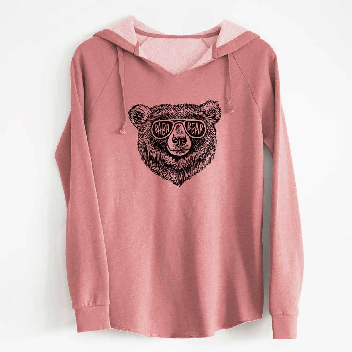 Dusty rose women's Cali Wave hooded sweatshirt laid flat, printed with a black ink bear's face wearing sunglasses that read Baba Bear.