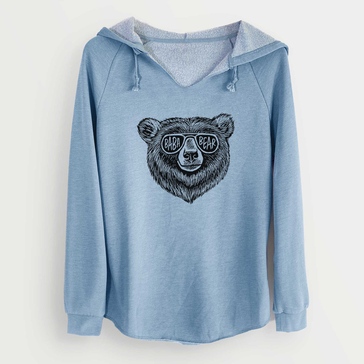 Misty blue women's Cali Wave hooded sweatshirt laid flat, printed with a black ink bear's face wearing sunglasses that read Baba Bear.