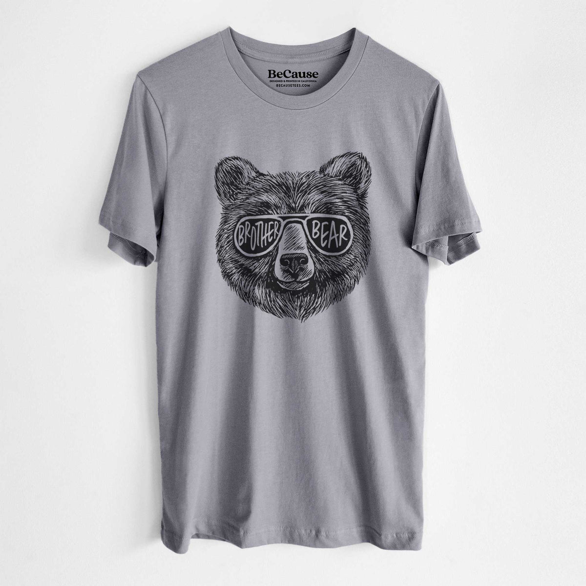 Storm grey lightweight cotton t-shirt laid flat, printed with a black ink bear's face wearing sunglasses that read Brother Bear.