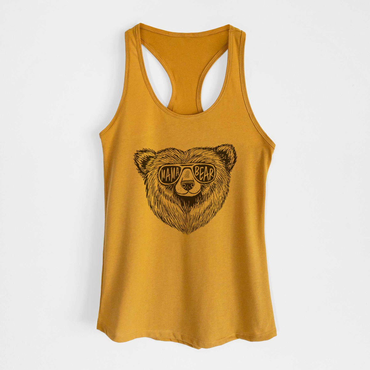 Gold women's racerback tank top laid flat, printed with a black ink bear's face wearing sunglasses that read Mama Bear.