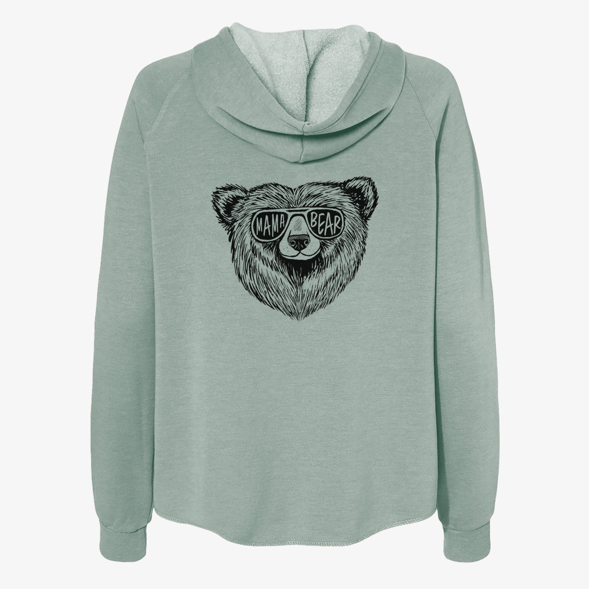 Sage green women's Cali Wave zip-up sweatshirt laid flat, printed with a black ink bear's face wearing sunglasses that read Mama Bear.