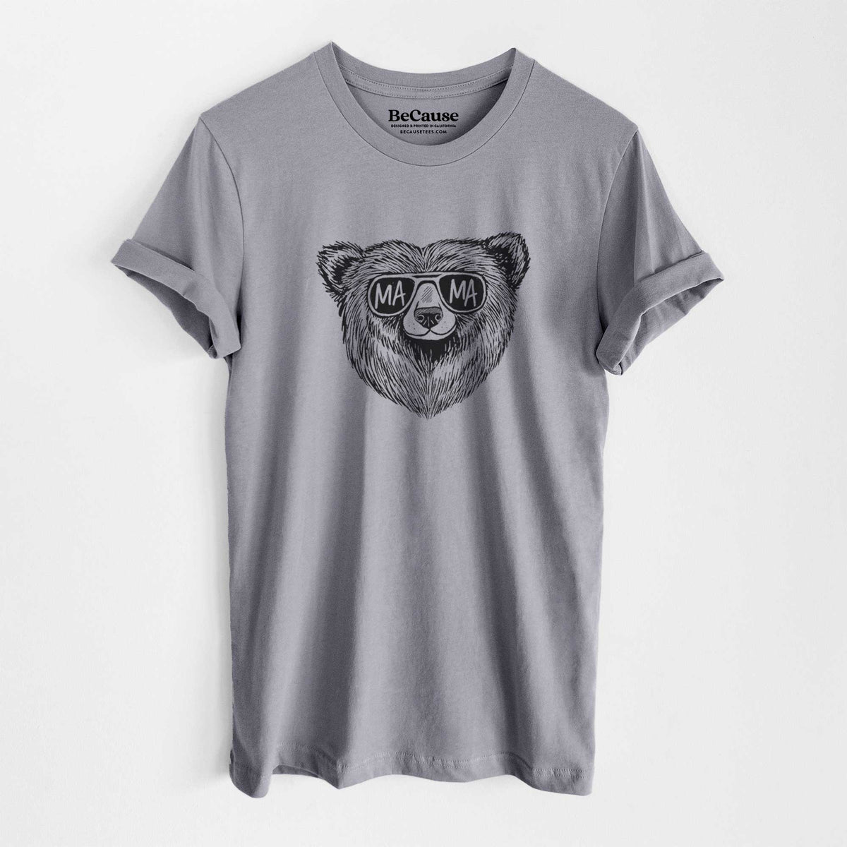Storm grey lightweight cotton t-shirt laid flat, printed with a black ink bear's face wearing sunglasses that read Mama.