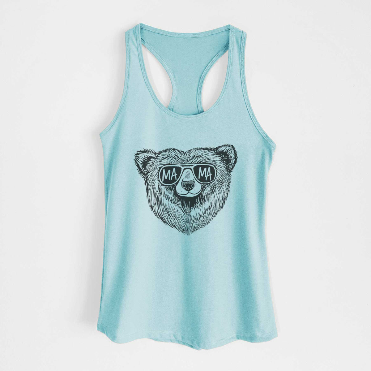 Cancun blue women's racerback tank top laid flat, printed with a black ink bear's face wearing sunglasses that read Mama.