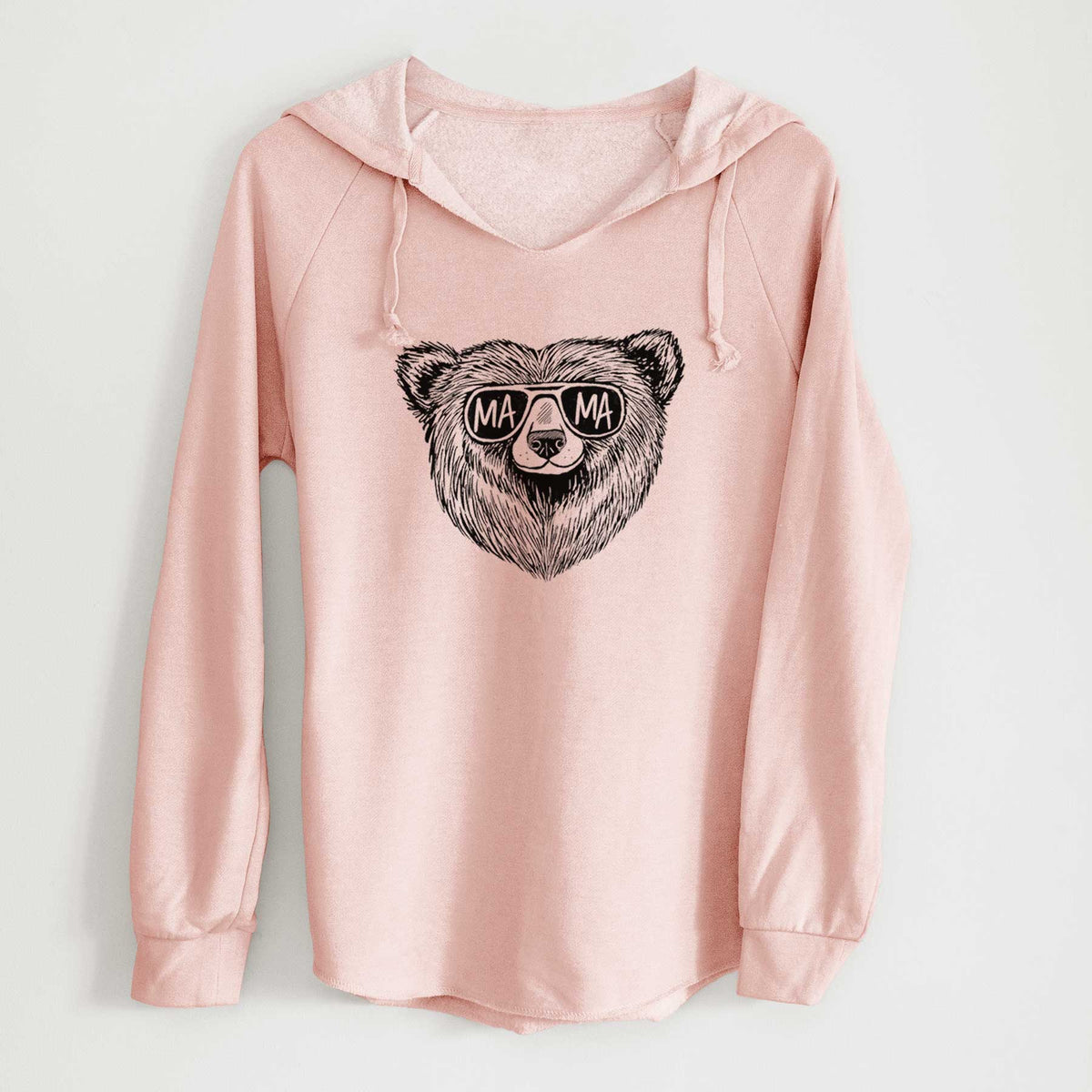 Blush pink women's Cali Wave hooded sweatshirt laid flat, printed with a black ink bear's face wearing sunglasses that read Mama.