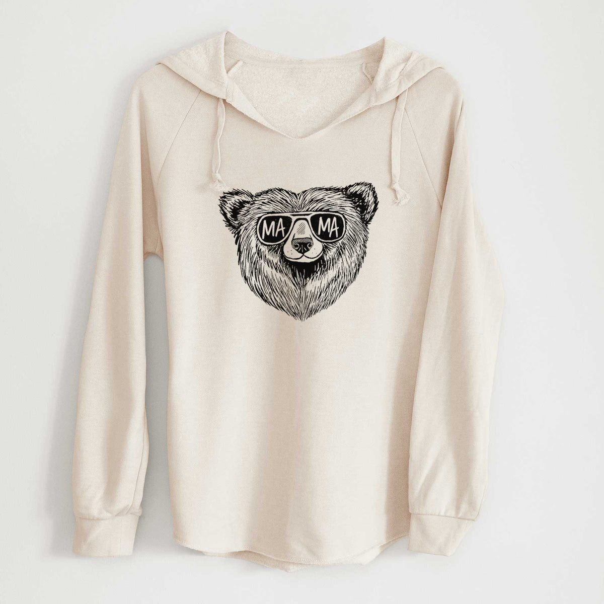 Bone cream women's Cali Wave hooded sweatshirt laid flat, printed with a black ink bear's face wearing sunglasses that read Mama.