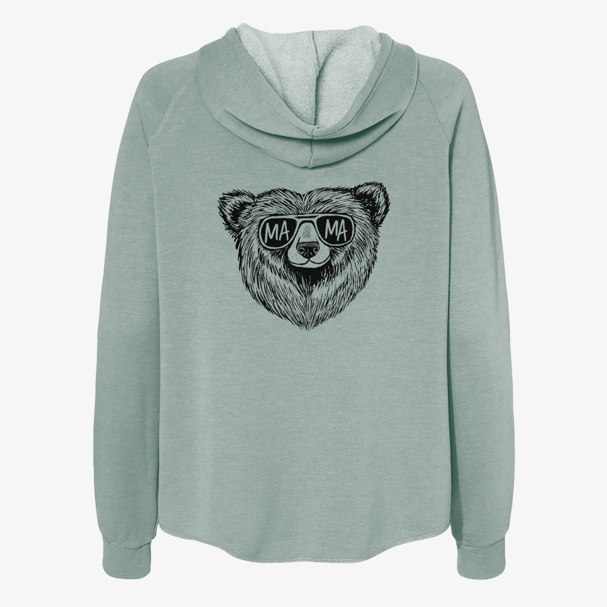 Sage green women's Cali Wave zip-up sweatshirt laid flat, printed with a black ink bear's face wearing sunglasses that read Mama.