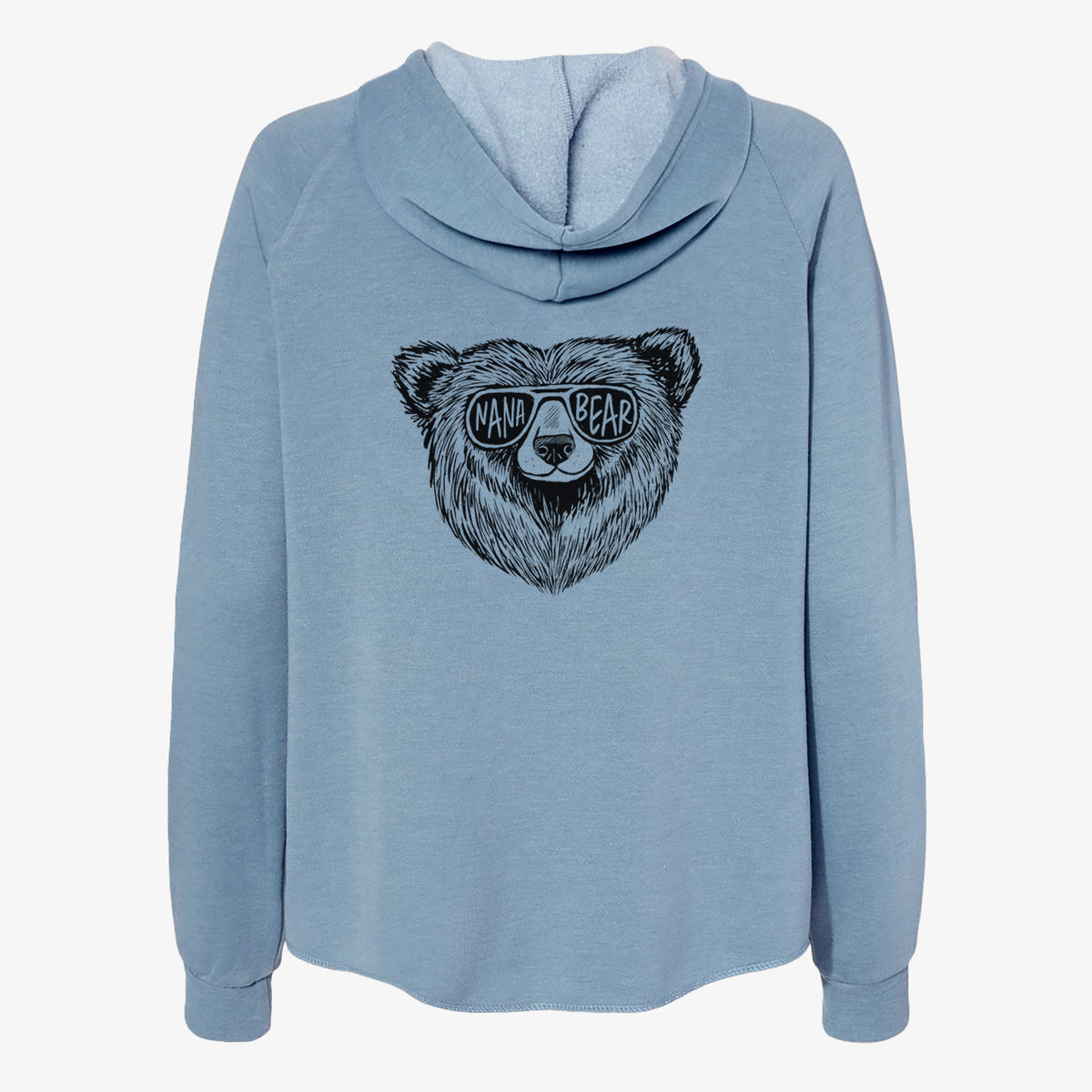 Misty blue women's Cali Wave zip-up sweatshirt laid flat, printed with a black ink bear's face wearing sunglasses that read Nana Bear.