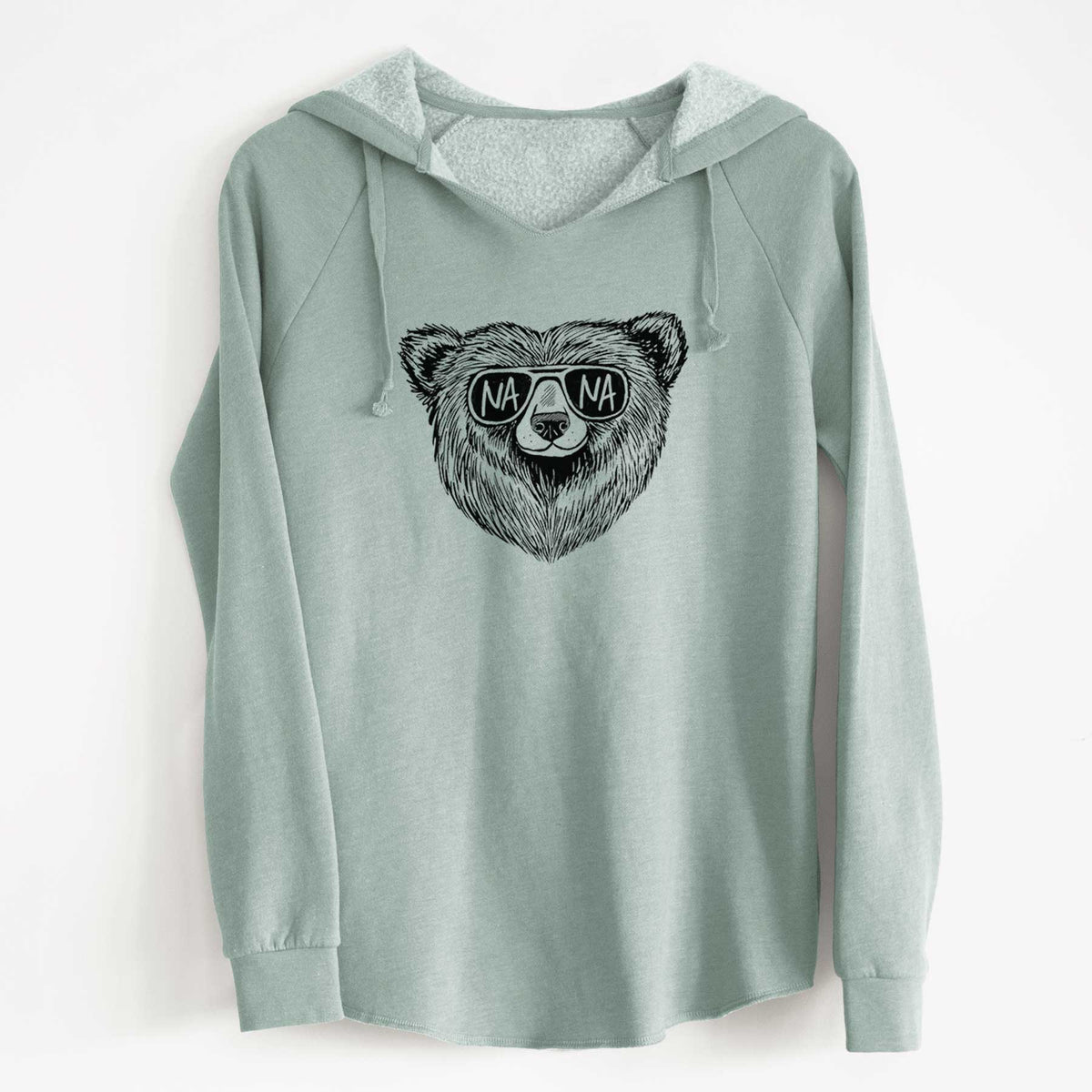 Sage green women's Cali Wave hooded sweatshirt laid flat, printed with a black ink bear's face wearing sunglasses that read Nana.