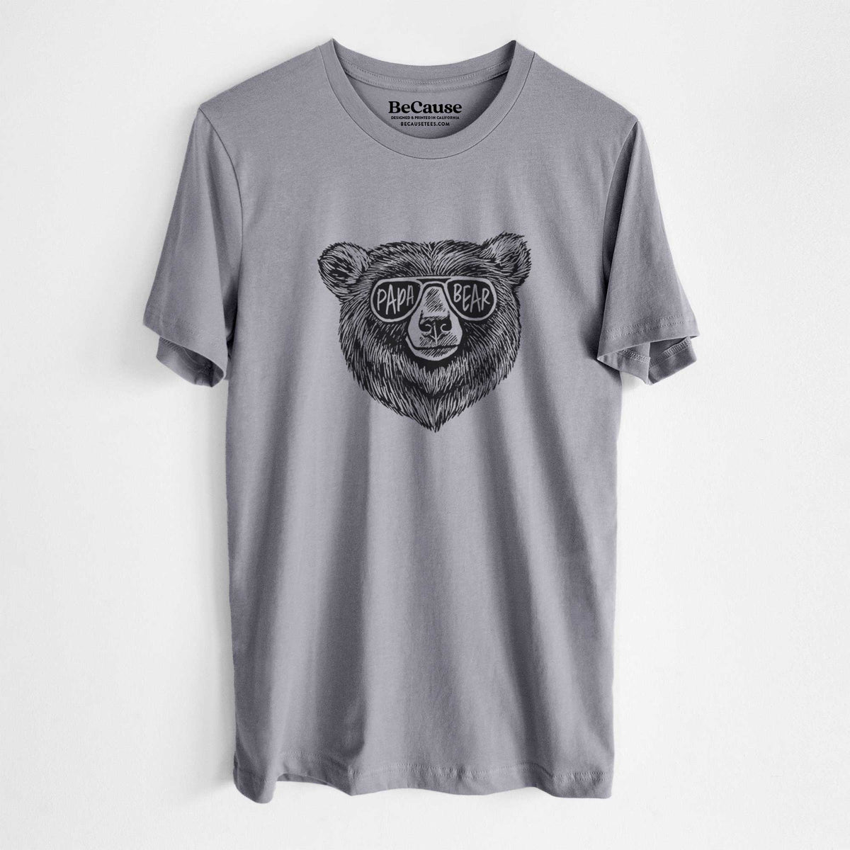 Storm grey lightweight cotton t-shirt laid flat, printed with a black ink bear's face wearing sunglasses that read Papa Bear.