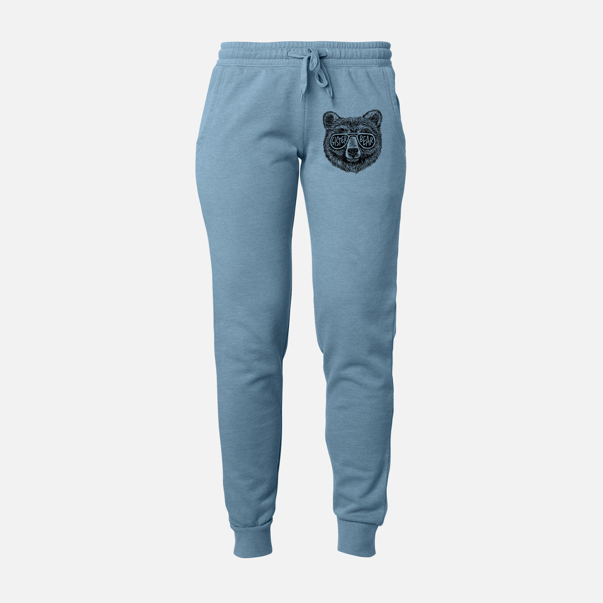 Front of misty blue Cali Wave sweatpants, printed with a black ink bear's face wearing sunglasses that read Sister Bear on the leg.