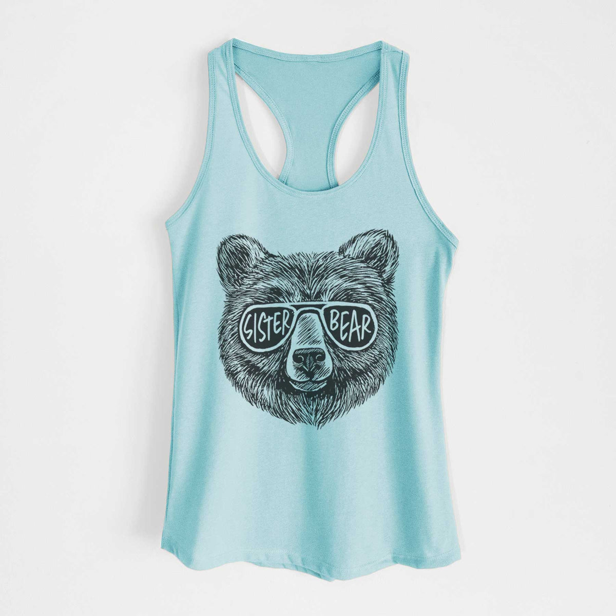 Cancun blue women's racerback tank top laid flat, printed with a black ink bear's face wearing sunglasses that read Sister Bear.