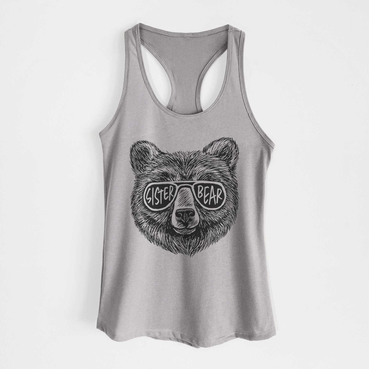 Heather grey women's racerback tank top laid flat, printed with a black ink bear's face wearing sunglasses that read Sister Bear.