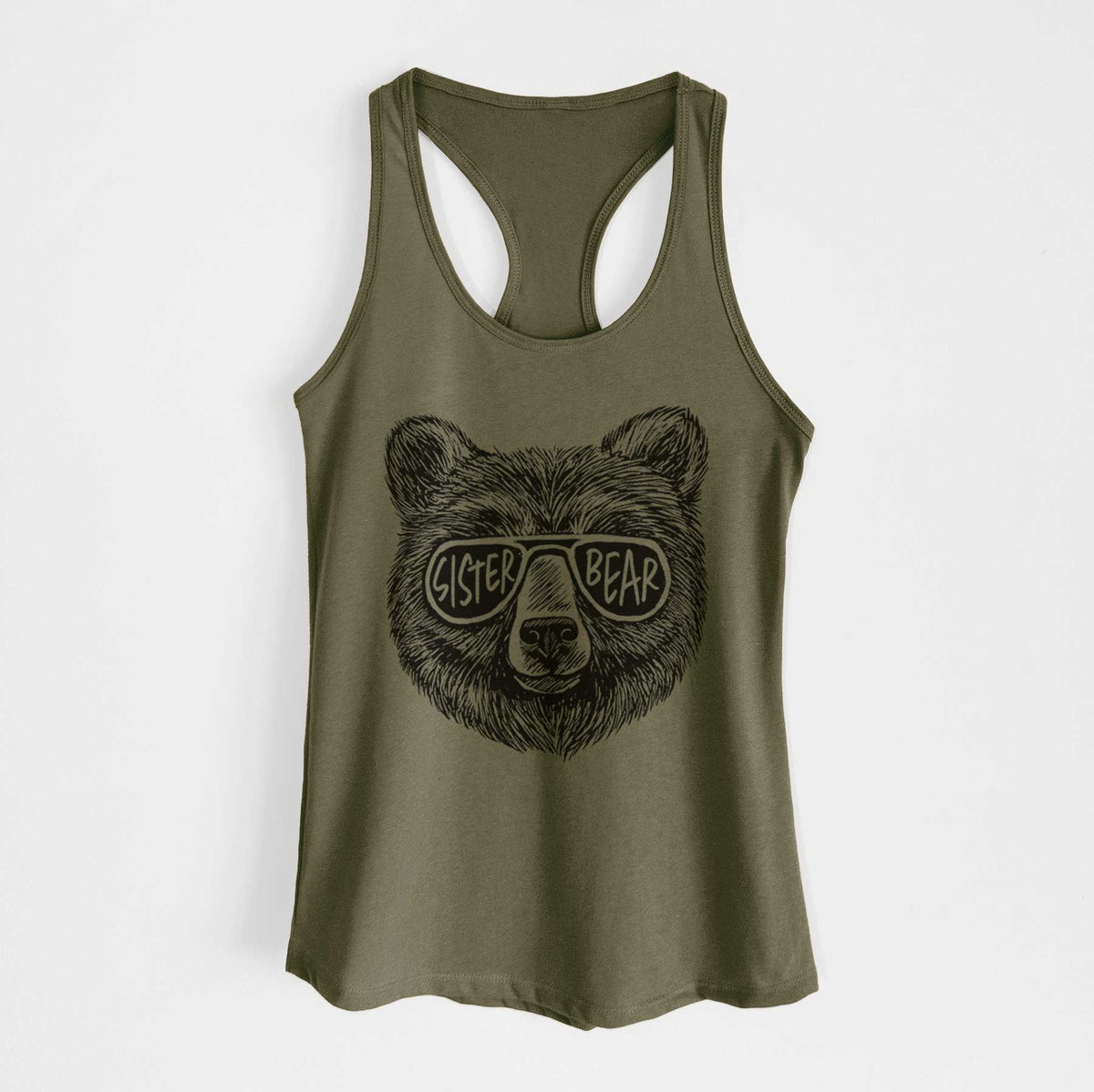 Military green women's racerback tank top laid flat, printed with a black ink bear's face wearing sunglasses that read Sister Bear.
