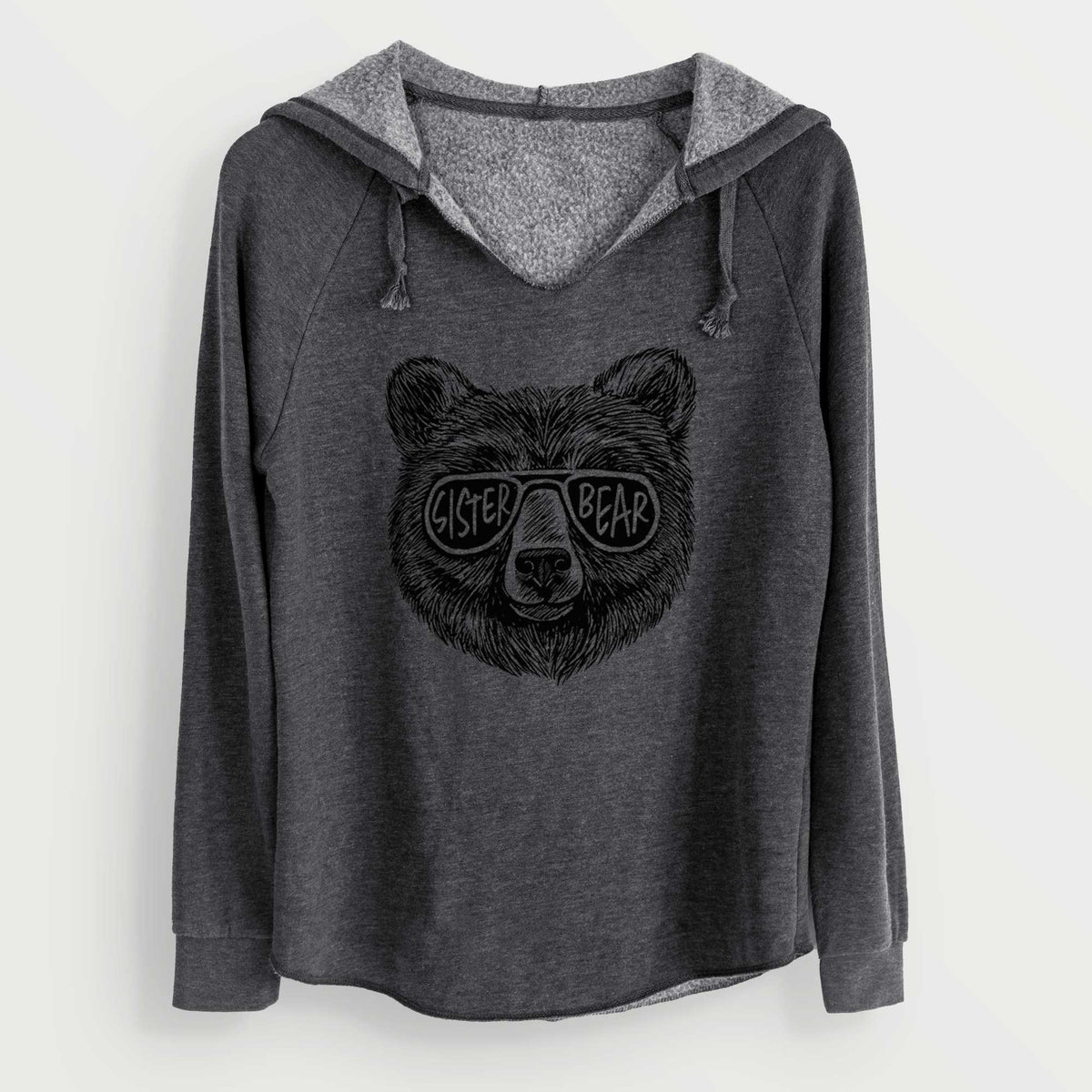 Charcoal grey women's Cali Wave hooded sweatshirt laid flat, printed with a black ink bear's face wearing sunglasses that read Sister Bear.