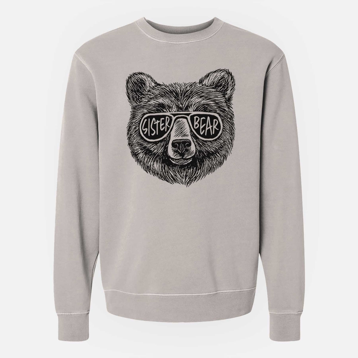 Cement grey pigment dyed crewneck sweatshirt laid flat, printed with a black ink bear's face wearing sunglasses that read Sister Bear.