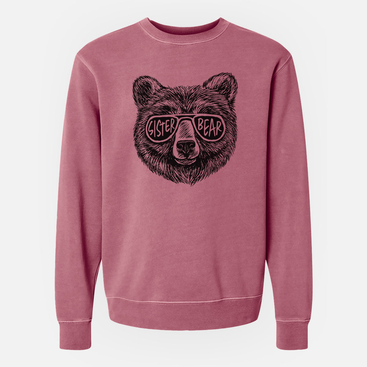 Maroon pigment dyed crewneck sweatshirt laid flat, printed with a black ink bear's face wearing sunglasses that read Sister Bear.