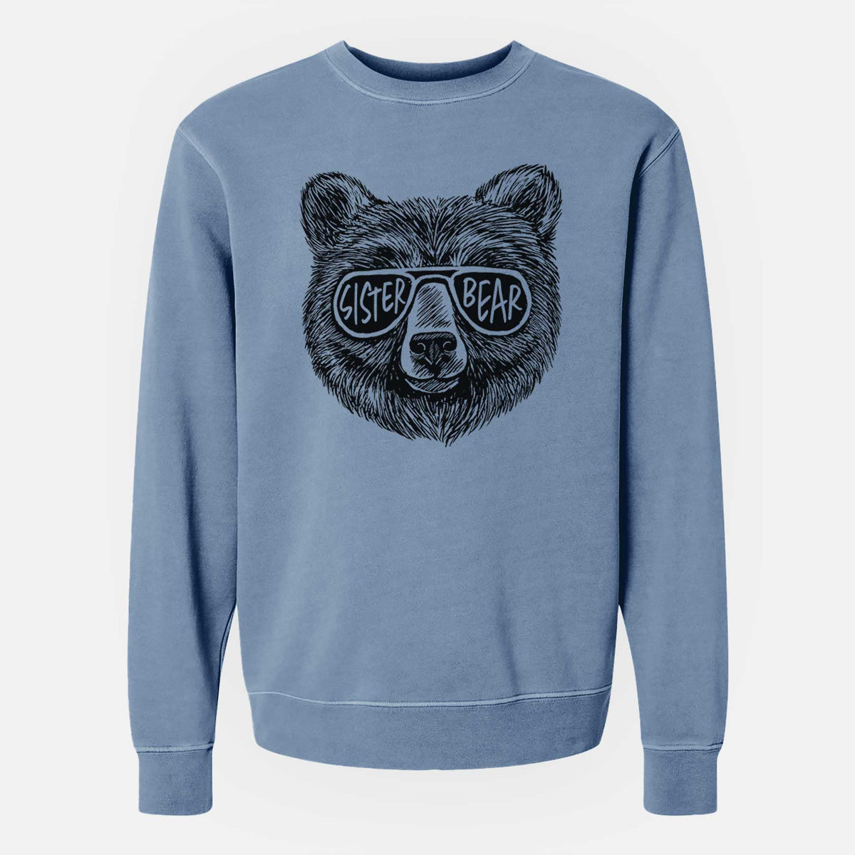 Slate blue pigment dyed crewneck sweatshirt laid flat, printed with a black ink bear's face wearing sunglasses that read Sister Bear.